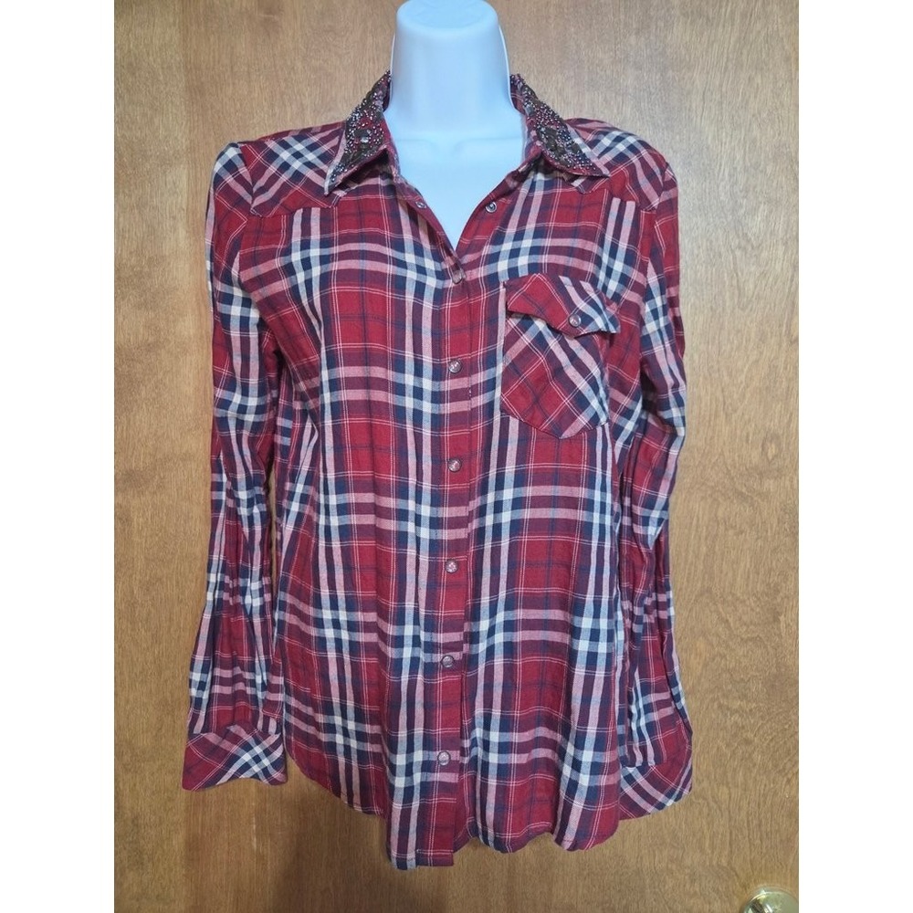 Guess Womens Small Red Plaid Flannel Shirt Embellished Beaded Collar Western Top